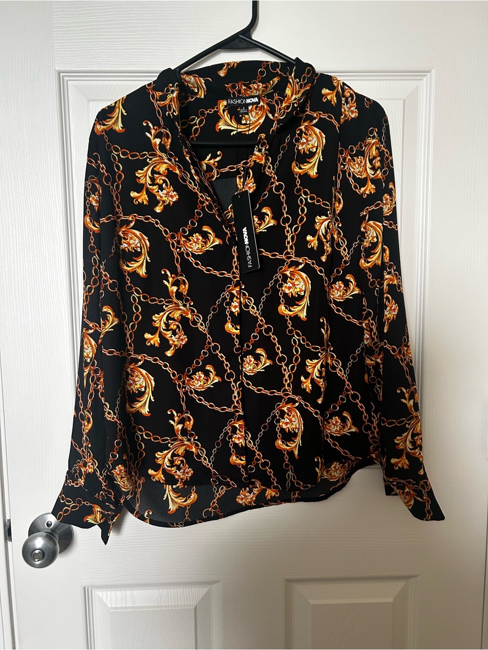 Fashion Nova Black Shirt with Gold Chain & Baroque Print